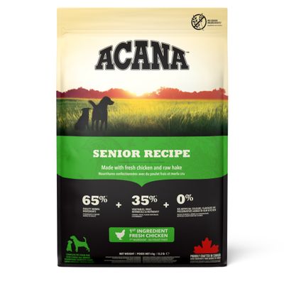 ACANA Senior Recipe, 65% składników pochodzenia zwierzęcego, 35% warzyw i owoców, 0% sztucznych dodatków, główny składnik świeży kurczak, bez zbóż, wyprodukowana w Kanadzie.