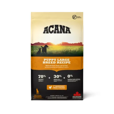 ACANA Puppy Large Breed Recipe. Wyprodukowana ze świeżym kurczakiem i surowym morszczukiem. 70% składników pochodzenia zwierzęcego, 30% warzyw, 0% sztucznych dodatków. Pierwszy składnik: świeży kurczak. ACANA Puppy Large Breed Recipe. Wyprodukowana ze świeżym kurczakiem i surowym morszczukiem. 70% składników pochodzenia zwierzęcego, 30% warzyw, 0% sztucznych dodatków. Pierwszy składnik: świeży kurczak.