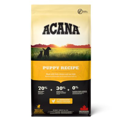 ACANA Puppy Recipe, główny składnik świeży kurczak, 70% składników pochodzenia zwierzęcego, 30% warzyw i owoców, 0% sztucznych dodatków, bez zbóż, wyprodukowana w Kanadzie.