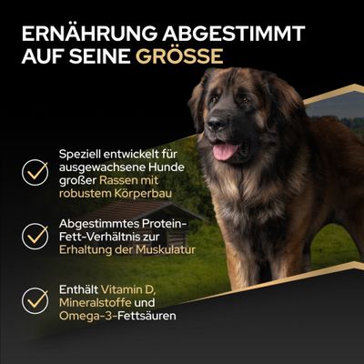 Ernährung abgestimmt auf Größe: Für ausgewachsene Hunde großer Rassen mit robustem Körperbau, Protein-Fett-Verhältnis zur Muskelerhaltung, enthält Vitamin D, Mineralstoffe und Omega-3-Fettsäuren.