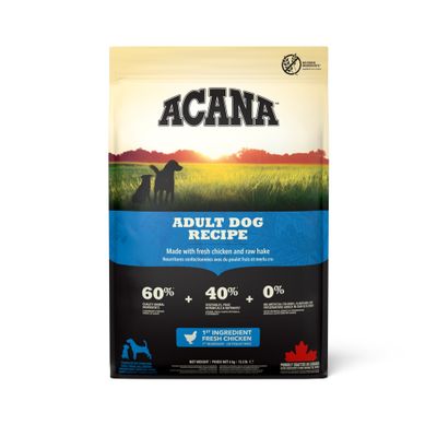 ACANA Adult Dog Recipe, 60% składników pochodzenia zwierzęcego, 40% warzyw i owoców, 0% sztucznych dodatków, główny składnik świeży kurczak, wyprodukowane w Kanadzie.