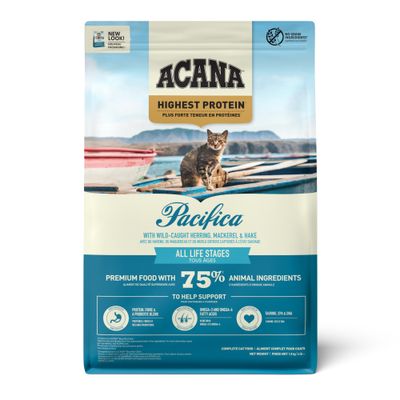 Acana Pacifica, Highest Protein, with wild-caught herring, mackerel and hake, 75% animal ingredients, for all life stages, grain-free, premium food.