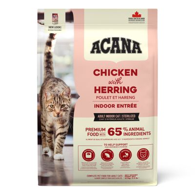 ACANA Chicken with Herring Indoor Entrée, Adult Indoor Cat Sterilized, premium food met 65% dierlijke ingrediënten, volledige voeding voor volwassen katten, 340 g zak.