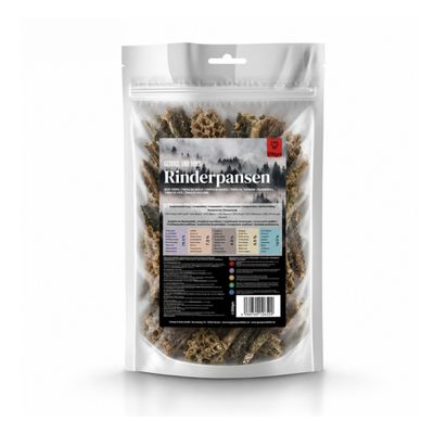 Collagen Sticks, 200 g. Sammansättning: 100 % nötkött. Analys: Protein 72 %, fuktighet 10 %. Utfodringsrekommendation och näringsvärden finns på baksidan.