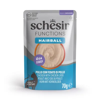 Schesir Functions Hairball, High Fiber, Silky Mousse, kyckling med kycklinglever, 70 g. Med vitaminer, aminosyror och mineraler, utan spannmål, färgämnen eller konserveringsmedel. Schesir Functions Hairball, High Fiber, Silky Mousse, kyckling med kycklinglever, 70 g. Med vitaminer, aminosyror och mineraler, utan spannmål, färgämnen eller konserveringsmedel.