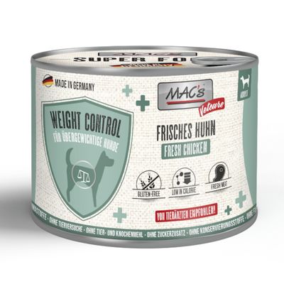 MAC's Weight Control for overweight dogs, fresh chicken, gluten-free, low in calories, fresh meat, no added sugar, no preservatives, recommended by veterinarians.