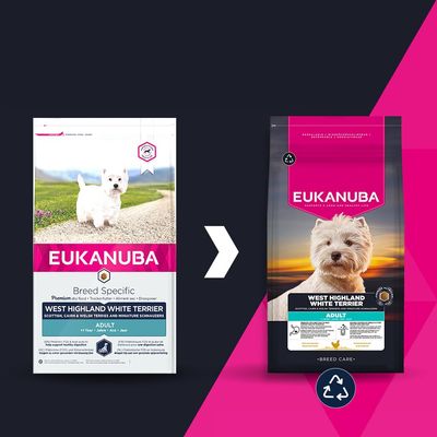 Eukanuba West Highland White Terrier Adult: Изображението показва промяна в опаковката от стар към нов дизайн, и двата с името на продукта и символ за рециклиране.
