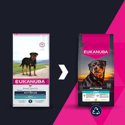 Eukanuba Rottweiler Adult Промяна на опаковката: вляво старата, вдясно новата опаковка с рециклиращ символ.