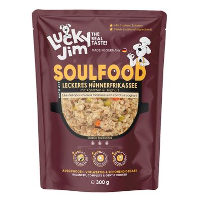 Lucky Jim Soulfood sappige kipcurry met kikkererwten en paprika, uitgebalanceerd, volwaardig, voorzichtig bereid, 300g, Made in Germany.