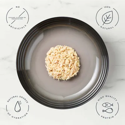 Schale mit zerkleinertem Futter, umgeben von Text: keine künstlichen Zusätze, 100% natürlich, natürliche Quelle für Flüssigkeit, hochwertiges Protein. Schale mit zerkleinertem Futter, umgeben von Text: keine künstlichen Zusätze, 100% natürlich, natürliche Quelle für Flüssigkeit, hochwertiges Protein.
