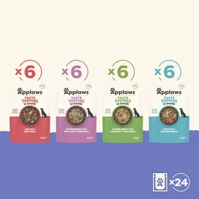 Applaws Taste Toppers în bulion, mix de 24: câte 6x Vită cu legume, Piept de pui cu ficat de rață & legume, Piept de pui cu ficat de miel & legume, File de ton cu legume. Applaws Taste Toppers în bulion, mix de 24: câte 6x Vită cu legume, Piept de pui cu ficat de rață & legume, Piept de pui cu ficat de miel & legume, File de ton cu legume.