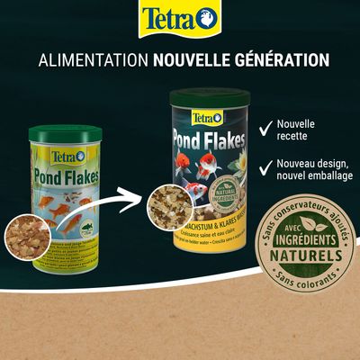 Tetra Pond Flakes avec une nouvelle formule, un nouveau design et un nouvel emballage. Avec des ingrédients naturels, sans conservateurs ni colorants ajoutés.