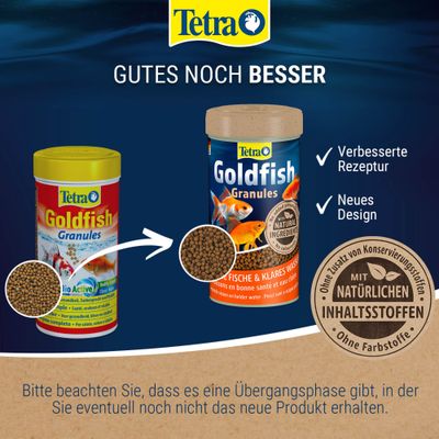 Tetra Goldfish Granules mit neuem Design und verbesserter Rezeptur, ohne Zusatz von Konservierungsstoffen, mit natürlichen Inhaltsstoffen, ohne Farbstoffe.