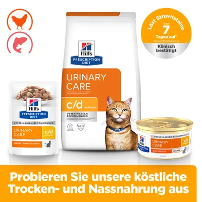Hill's Prescription Diet Urinary Care c/d Multicare Trocken- und Nassfutter, klinisch bestätigt: Löst Struvitsteine in 7 Tagen auf. Mit Huhn und Fisch. Probieren Sie beide Sorten aus.