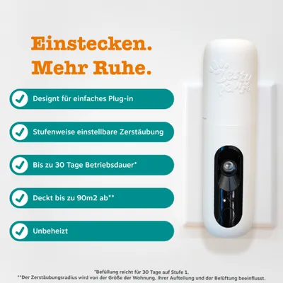 Zesty Paws: Einstecken. Mehr Ruhe. Designt für einfaches Plug-in, stufenweise einstellbare Zerstäubung, bis zu 30 Tage Betriebsdauer, deckt bis zu 90m2 ab, unbeheizt.
