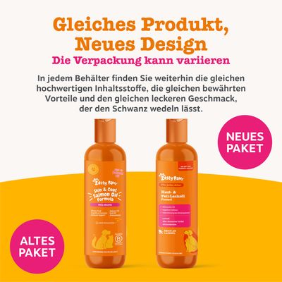 Gleiches Produkt, neues Design. Die Verpackung kann variieren. Zesty Paws Haut- & Fell-Lachsöl Formel, altes und neues Paket abgebildet.