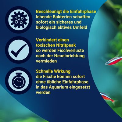 Beschleunigt die Einfahrphase, verhindert toxischen Nitritpeak und ermöglicht schnelle Wirkung: Fische können sofort nach Neueinrichtung ins Aquarium eingesetzt werden.