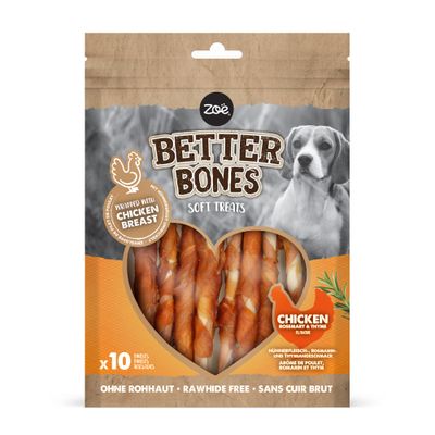 Ohne Rohhaut - weiche Hundesnacks. Zoë Better Bones, gedrehte Sticks. Huhn mit Rosmarin- & Thymian-Geschmack.