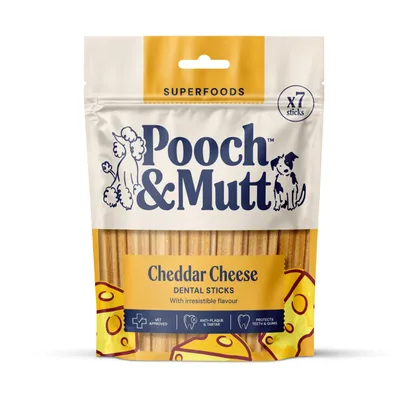 Pooch & Mutt Cheddar Cheese Dental Sticks, Superfoods, x7 sticks, vet approved, anti-plaque & tartar, protects teeth & gums. Pooch & Mutt Cheddar Cheese Dental Sticks, Superfoods, x7 sticks, vet approved, anti-plaque & tartar, protects teeth & gums.