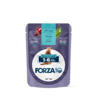 FORZA10 Soft Paté, reich an Ente, für sterilisierte Katzen 1-6 Jahre. Urinary Longevity Complex mit Cranberry, Weight Control Complex mit Grüntee. Made in Italy.