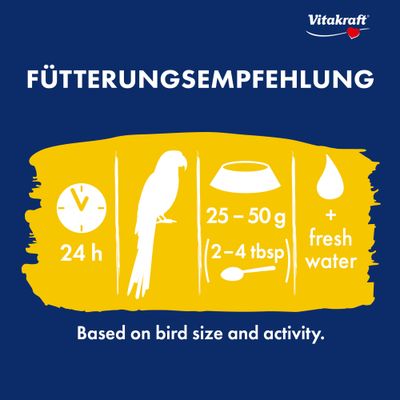 Vitakraft Utfodringsrekommendation: 24 h, 25–50 g (2–4 matskedar), färskt vatten. Beroende på fågelns storlek och aktivitetsnivå.