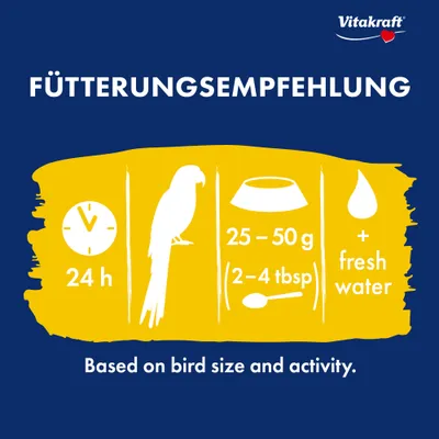 Vitakraft Voedingsadvies: 24 u, 25–50 g (2–4 eetlepels), vers water. Afhankelijk van de grootte en activiteit van de vogel. Vitakraft Voedingsadvies: 24 u, 25–50 g (2–4 eetlepels), vers water. Afhankelijk van de grootte en activiteit van de vogel.