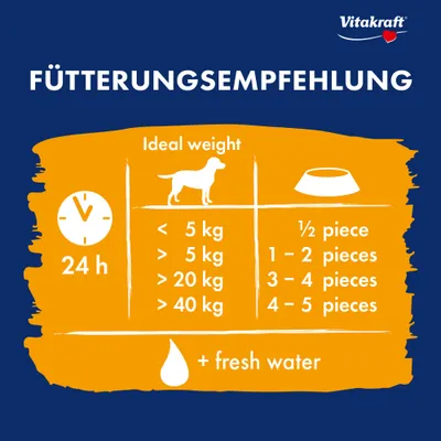 vitakraft razioni consigliate: peso ideale sotto i 5 kg, ½ pezzo; oltre i 5 kg, 1–2 pezzi; oltre i 20 kg, 3–4 pezzi; oltre i 40 kg, 4–5 pezzi, più acqua fresca ogni 24h. vitakraft razioni consigliate: peso ideale sotto i 5 kg, ½ pezzo; oltre i 5 kg, 1–2 pezzi; oltre i 20 kg, 3–4 pezzi; oltre i 40 kg, 4–5 pezzi, più acqua fresca ogni 24h.