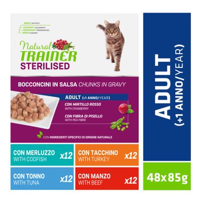 Natural Trainer Bocconcini Adult - výhodné balení: 96 x 85 g Sterilised balení (hovězí, krůtí, tuňák, treska)