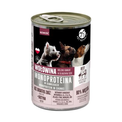 Pet Republic Hovězí Monoprotein, bez cukru, bez obilovin, 90 % masa, biotin, vitaminy A, D3, E, B12, železo, zinek, mangan, jód. Křupavé kousky v omáčce.