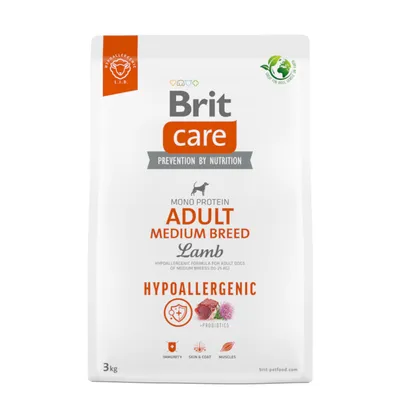 Brit Care Adult Medium Breed Lamb, hypoallergeen hondenvoer met monoproteïne voor middelgrote honden (10-25 kg), 3 kg verpakking. Ondersteunt immuniteit, huid, vacht en spieren.