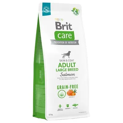Brit Care Skin & Coat Adult Large Breed Salmon hondenvoer, graanvrij, Omega-3, 12 kg. Tekst: Prevention by Nutrition, Grain-Free, Immunity, Mobility.