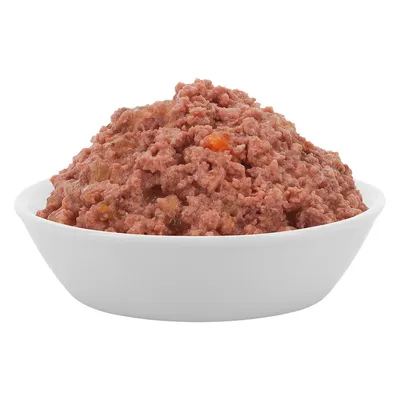 Bowl with moist, shredded pet food, visible meat pieces and orange vegetable pieces.