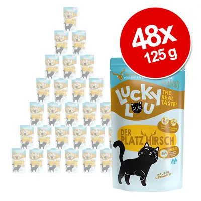 Lot de 48 sachets Lucky Lou Der Platzhirsch pour chat adulte, 125 g chacun. Texte visible : The real taste!, Grain free, No added sugar, Made in Germany, 96 % meat.