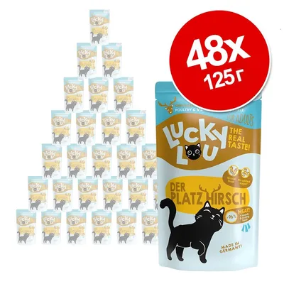 Пакетчета Lucky Lou Der Platzhirsch, 48 броя по 125 г. Видими надписи: The Real Taste!, Grain free, No added sugar, Meat! 96 %, Made in Germany.