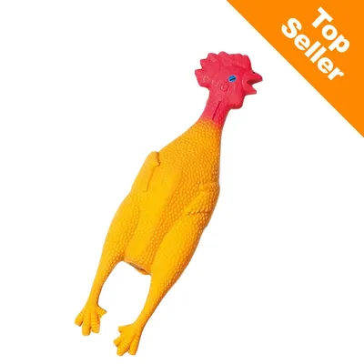 Gumowa zabawka w kształcie żółtego kurczaka z czerwonym grzebieniem, oznaczenie Top Seller w prawym górnym rogu Gumowa zabawka w kształcie żółtego kurczaka z czerwonym grzebieniem, oznaczenie Top Seller w prawym górnym rogu