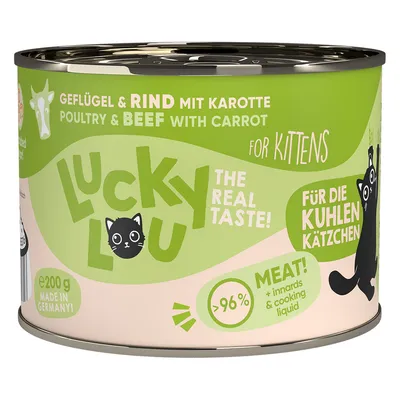 Boîte Lucky Lou pour chatons, volaille et bœuf avec carotte, 200 g, >96 % viande, made in Germany. Texte en anglais et allemand visible sur l’emballage.