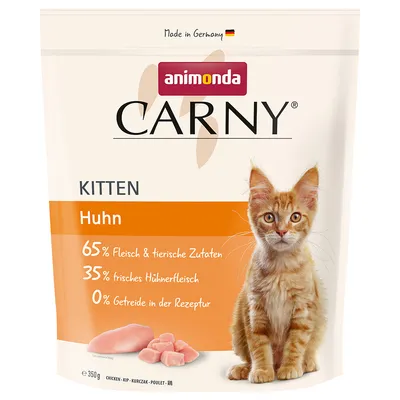 animonda Carny Kitten Huhn, 65% Fleisch & ingredienti animali, 35% carne di pollo fresca, 0% cereali nella ricetta, confezione da 350g con immagine di un gattino arancione.