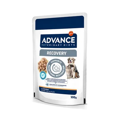 Advance Veterinary Diets Recovery με κοτόπουλο, υποστηρίζει την αποκατάσταση της διατροφής, αναπτύχθηκε από κτηνιάτρους, σακουλάκι 100g.