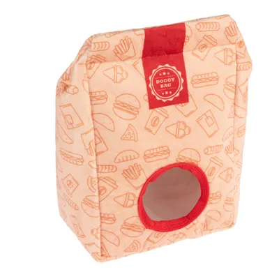 Geantă pentru câini cu inscripția roșie 'Doggy Bag', design portocaliu cu motive alimentare și intrare rotundă.