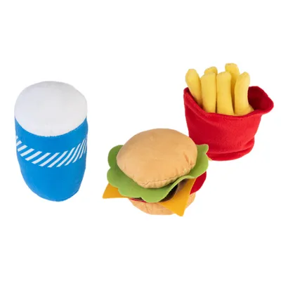 Set de jucării din material textil în formă de cartofi prăjiți, burger și pahar pentru băuturi. Culori: roșu, galben, albastru, verde și bej.