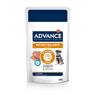 Advance Veterinary Diets Weight Balance Mini <10 kg z kurczakiem, 150 g. Pomaga w redukcji masy ciała, klinicznie potwierdzone działanie, z prebiotykami. Ilustracja kawałków karmy i psa. Advance Veterinary Diets Weight Balance Mini <10 kg z kurczakiem, 150 g. Pomaga w redukcji masy ciała, klinicznie potwierdzone działanie, z prebiotykami. Ilustracja kawałków karmy i psa.