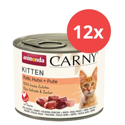 Animonda Carny Kitten Kalb, Huhn + Pute. 100% frische Zutaten, ohne Getreide & Zucker. Mit Taurin. Packung mit 12 Dosen.