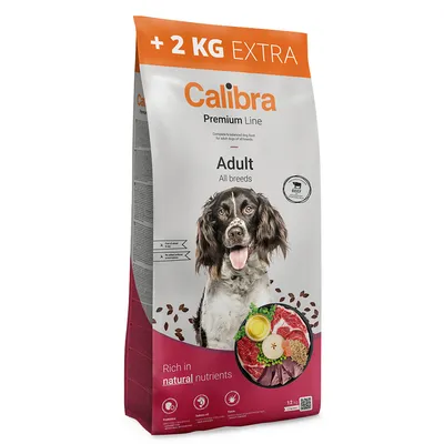Calibra Premium Line Adult All breeds dog food with beef, rich in natural nutrients. Pack contains +2 kg extra. Includes probiotics, salmon oil and vitamins.