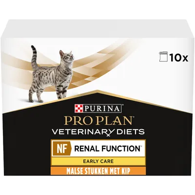 Purina Pro Plan Veterinary Diets NF Renal Function Early Care, malse stukken met kip, verpakking met 10 porties zichtbaar op de doos.