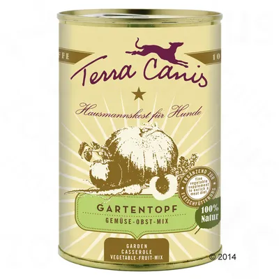Кутия Terra Canis Hausmannskost für Hunde, Gartentopf Gemüse-Obst-Mix, 100% Natur. Garden casserole vegetable-fruit-mix. Видими са зеленчуци и плодове на етикета.