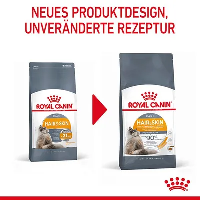 Neues Produktdesign, unveränderte Rezeptur. Royal Canin Care Hair & Skin Katzenfutter: altes und neues Verpackungsdesign im Vergleich.
