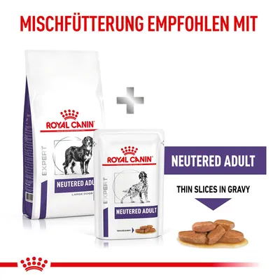 Royal Canin Expert Neutered Adult suurille koirille. Suositellaan sekaruokintaa kuivaruokalla ja märkäruoalla: ohuita viipaleita kastikkeessa.