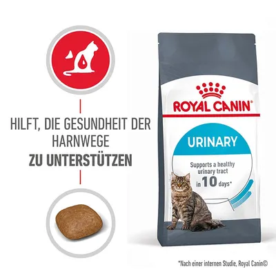 Royal Canin URINARY, texte visible : 'Supports a healthy urinary tract in 10 days', croquette et mention en allemand : 'Hilft, die Gesundheit der Harnwege zu unterstützen'.