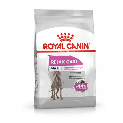 Royal Canin Relax Care Maxi hondenvoer, zichtbare tekst: Adaptation to Changes, +4,4% normal behaviour, afbeelding van een hond op de verpakking.