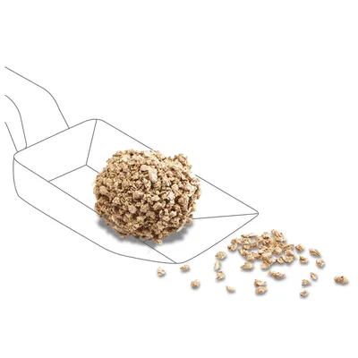 Illustration of a scoop with clumps of litter and loose litter material, showing the product's consistency.